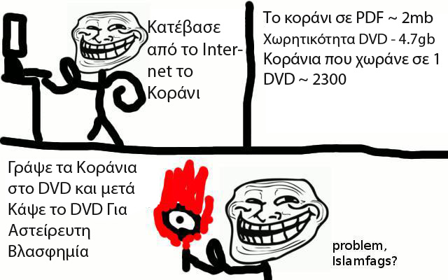 Λογική των Τρόλ - Αστείρευτη Βλασφημία! Κατέβασε από το Internet το Κοράνι Το κοράνι σε PDF - 2mb Χωρητικότητα DVD - 4.7gb Κοράνια που χωράνε σε 1 DVD -2300 Γράψε τα Κοράνια στο DVD και μετά Κάψε το DVD Για Αστείρευτη Βλασφημία